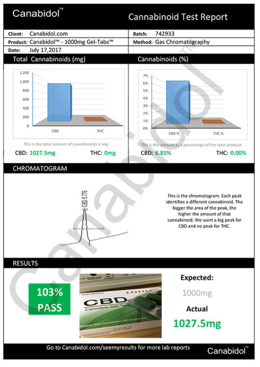 Cananbidol CBD Cannabis GelTabs 1000mg test report